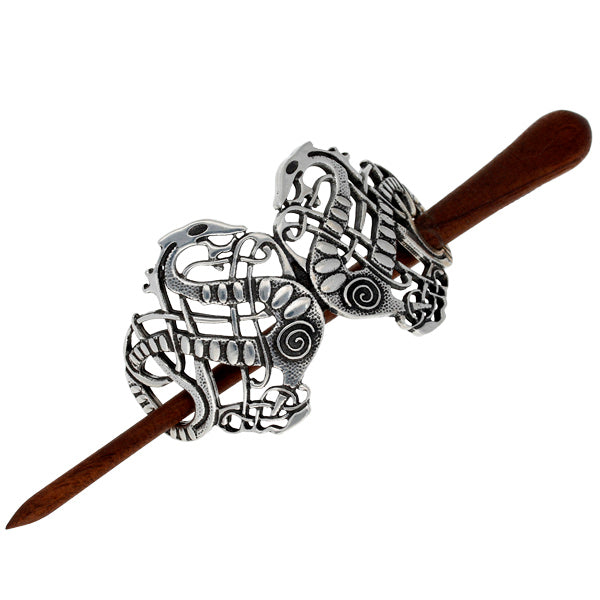 St Justin Pewter Viking Serpent Hair Slide with Walnut wooden pin
