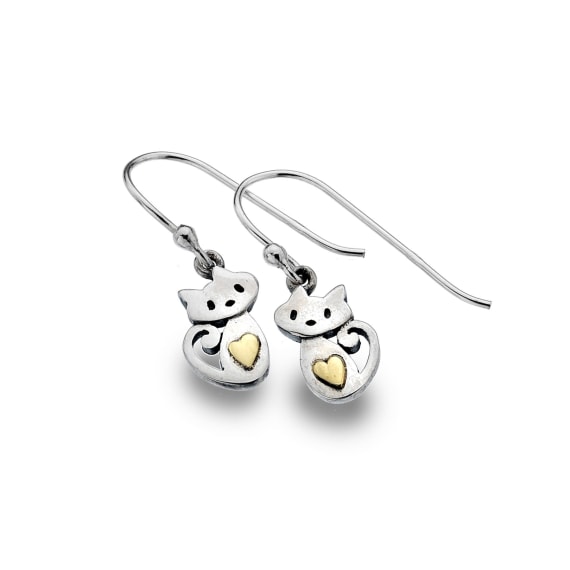 Silver Origins Cute Kitten Earrings with brass heart detail