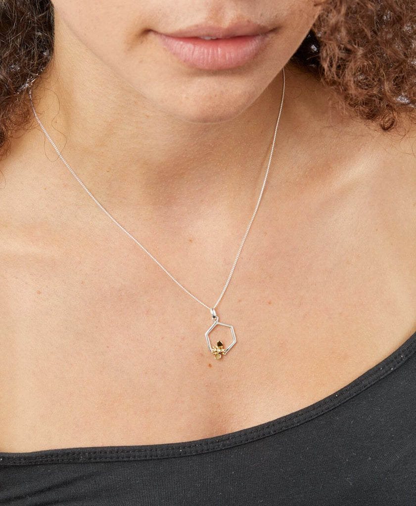 Model wearing Gold Plated Bee & Single Honeycomb Pendant Necklace