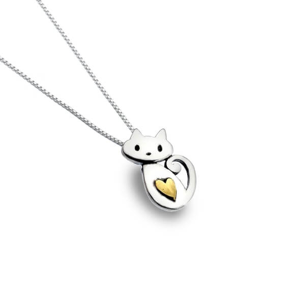 Silver Origins Kitten Pendant Necklace, with brass heart detail